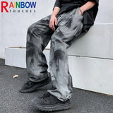 rainbowtouches classic fashion brand new trousers men tie dye gradient loose straight leg drape wide rope comfortable boys pants menswear bottoms