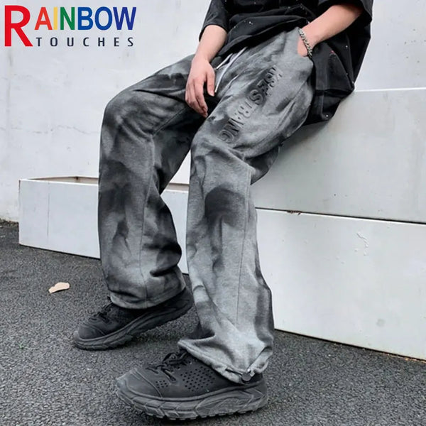 rainbowtouches classic fashion brand new trousers men tie dye gradient loose straight leg drape wide rope comfortable boys pants menswear bottoms