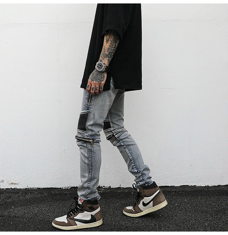 high street pu leather zippers patchwork biker jeans mens stretch denim slim jean pants motorcycle slim trousers hip hop pants unique jeans style 2316
