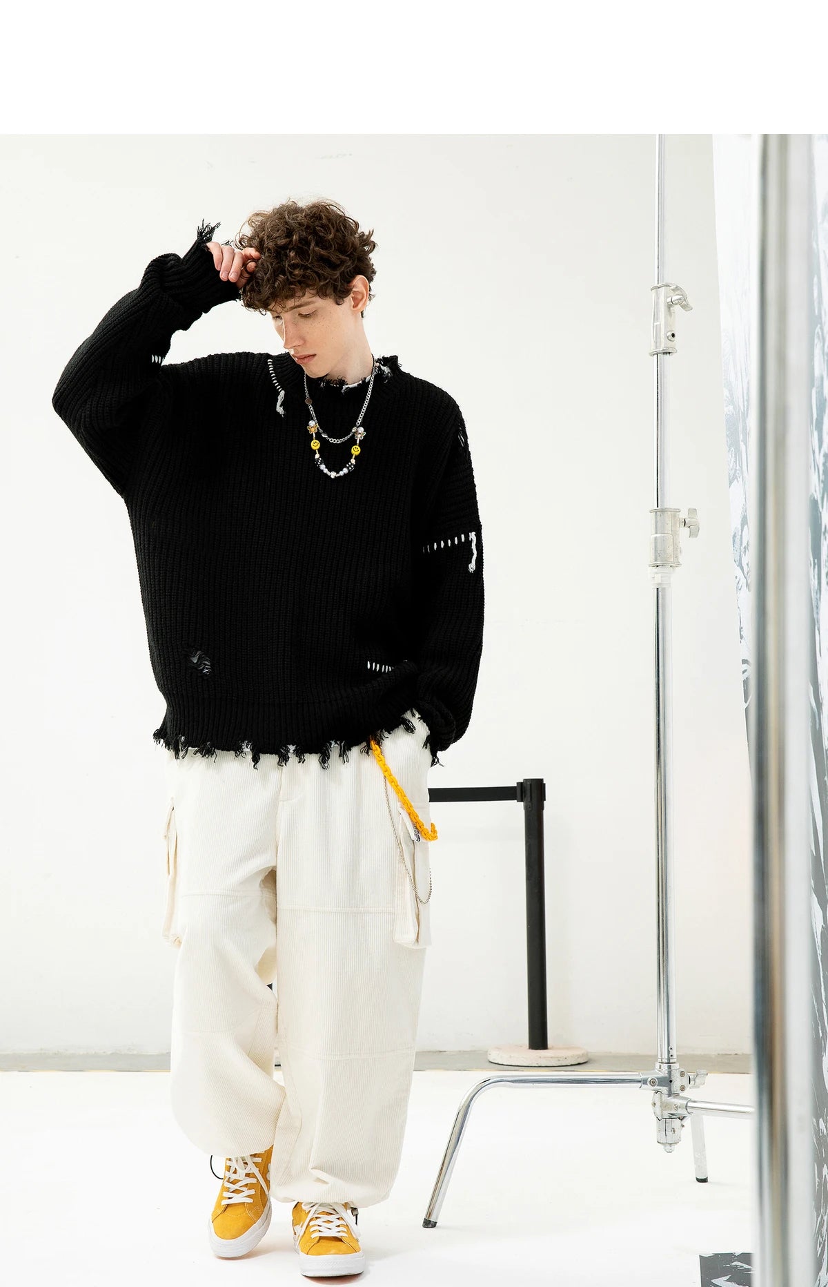 leather varsity streetwear knit with bold stitching, fall/winter pullover for urban outfits, men’s streetwear clothing piece 