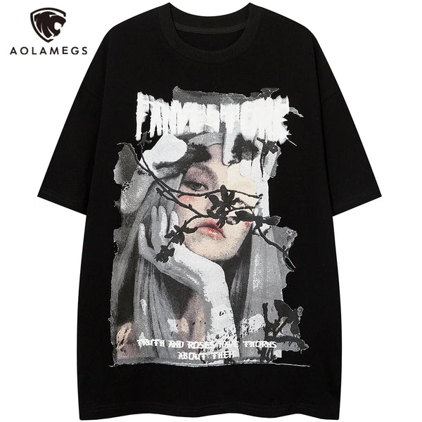 Y2k Oversized shirt – Aolamegs Harajuku Girl Letter Graffiti Printed T Shirt Men O
