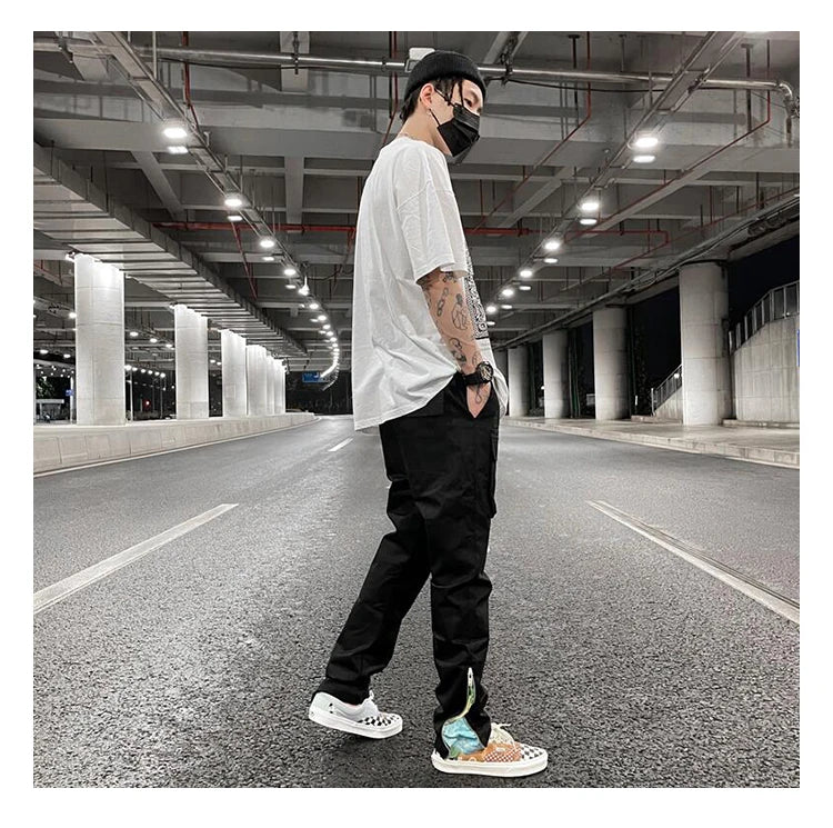 streetwear patchwork cashew flower print cargo pants y2k men hip hop casual functional slim cargo trousers male pocket side zip unique cargo style 4658