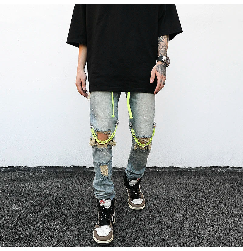 high street knee hole with chain ripped biker jeans mens slim fit denim pants autumn new streetwear casual hip hop pants joggers unique joggers style 4252