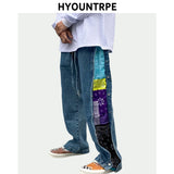 men side buttons patchwork harajuku straight denim jean pants casual elastic waist jeans trousers hip hop new streetwear joggers relaxed fit joggers