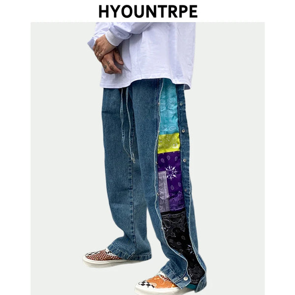 men side buttons patchwork harajuku straight denim jean pants casual elastic waist jeans trousers hip hop new streetwear joggers relaxed fit joggers