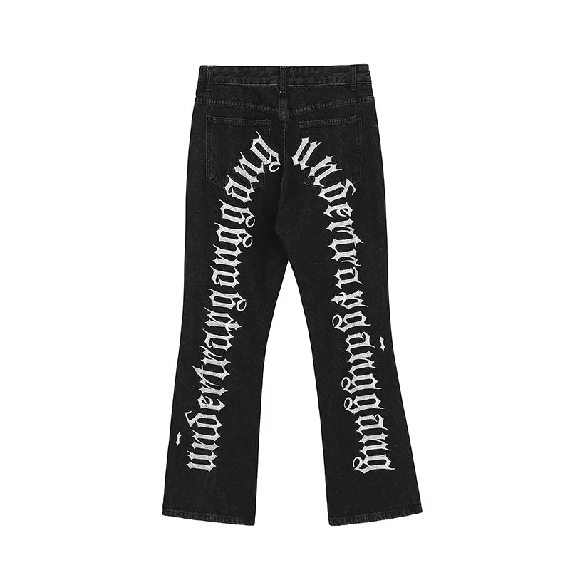 fashion back letters embroidery denim flare jeans mens zipper straight trouser hip hop destroy holes streetwear pants joggers relaxed fit joggers