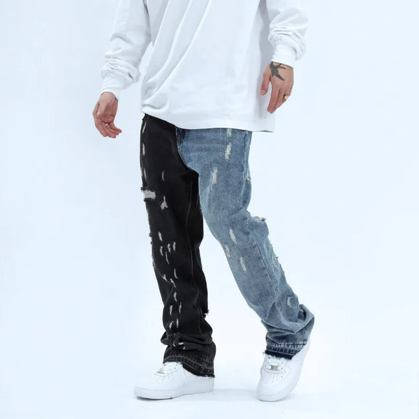 men colorblocked flared jeans washed hole vintage hip hop patchwork flare denim pants distressed ripped men denim jeans wide stacked flare jeans