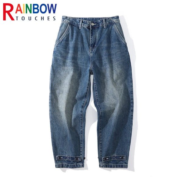 rainbowtouches fashion brand pants men wash jeans unisex wide straight leg loose retro overalls casual superior quality trousers stacked flare jeans
