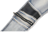 high street pu leather zippers patchwork biker jeans mens stretch denim slim jean pants motorcycle slim trousers hip hop pants unique jeans style 2323