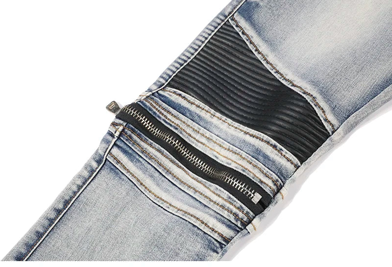 high street pu leather zippers patchwork biker jeans mens stretch denim slim jean pants motorcycle slim trousers hip hop pants unique jeans style 2323