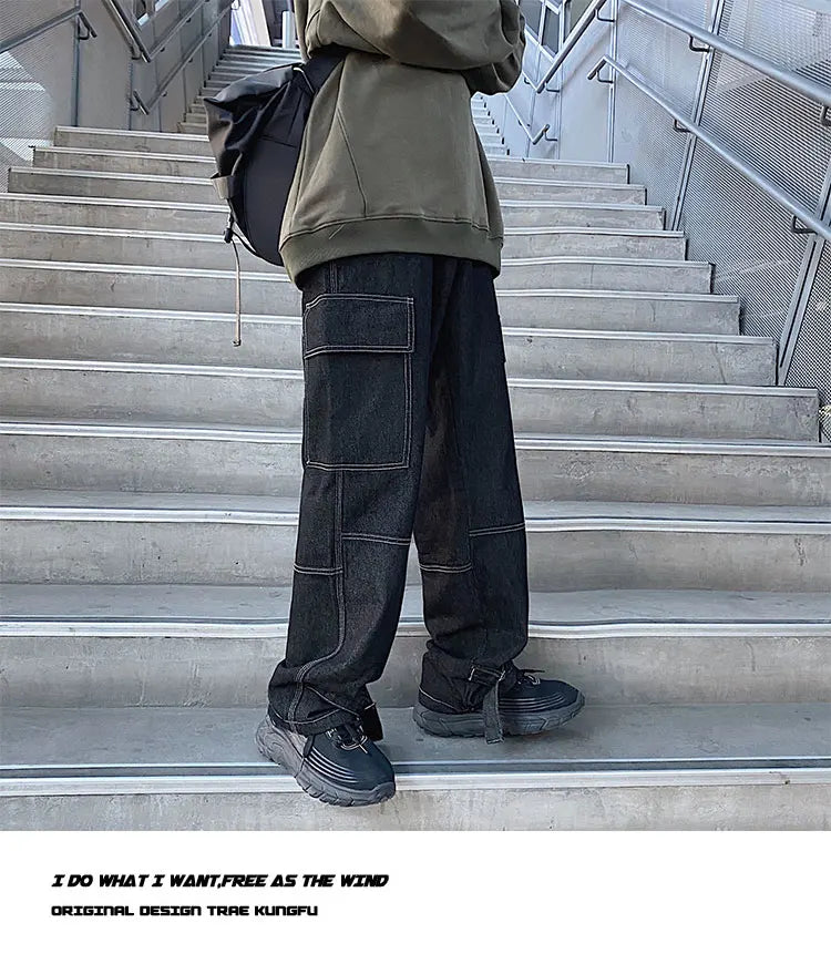 men jeans wide leg denim pants loose straight baggy mens jeans hip hop streetwear skateboard neutral denim trousers cargo jeans unique cargo style 2676