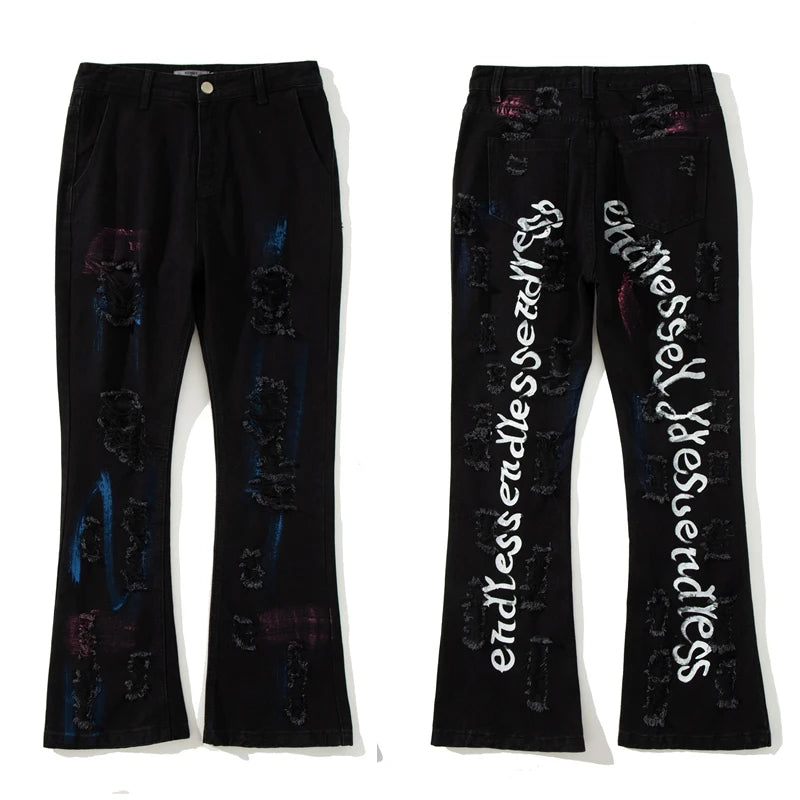 fashion back letters printed denim flare jeans mens zipper straight trouser hip hop destroy holes streetwear jean pants joggers unique joggers style 171