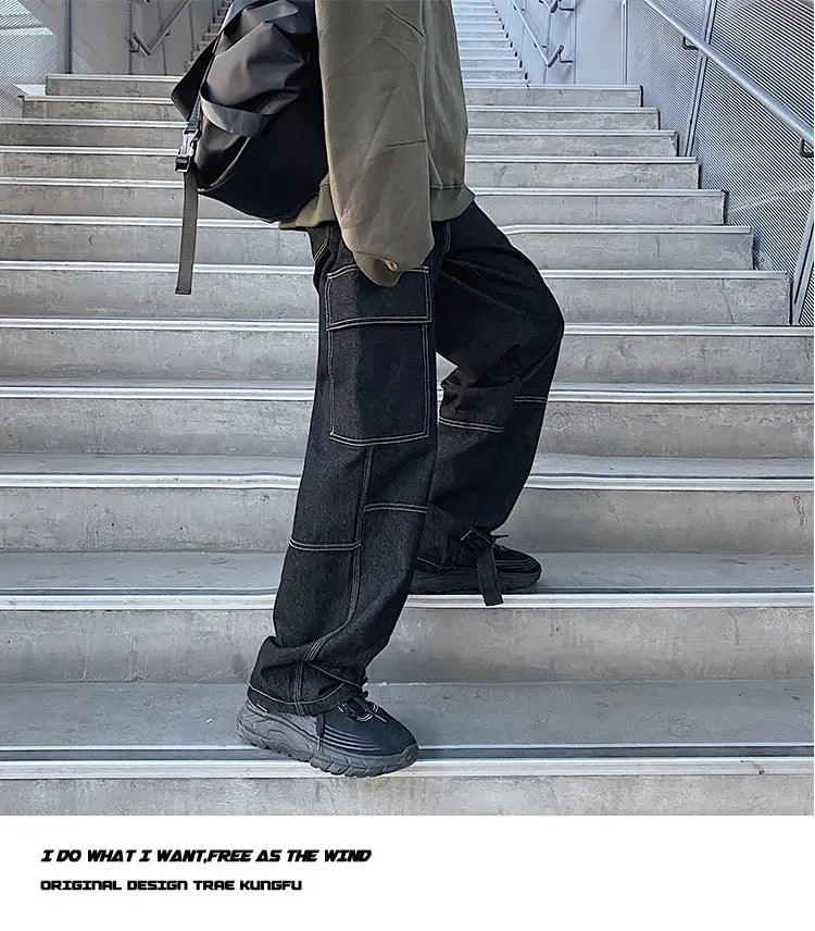 men jeans wide leg denim pants loose straight baggy mens jeans hip hop streetwear skateboard neutral denim trousers cargo jeans unique cargo style 2673