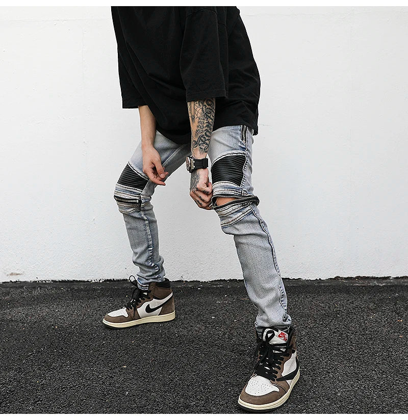 high street pu leather zippers patchwork biker jeans mens stretch denim slim jean pants motorcycle slim trousers hip hop pants unique jeans style 2306