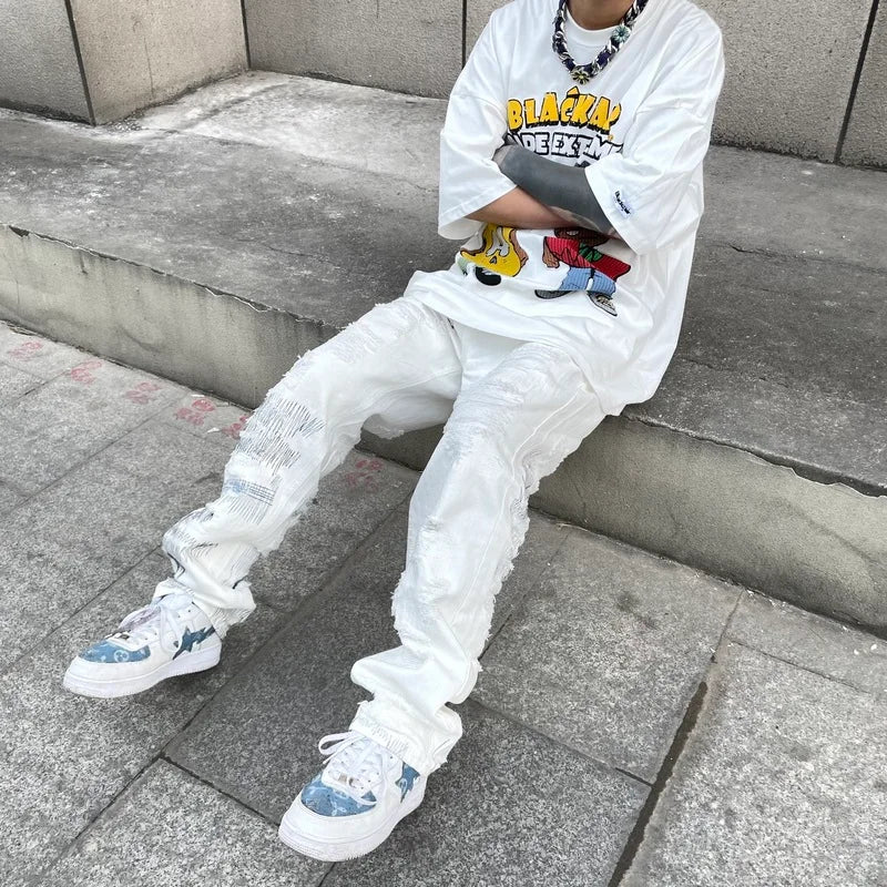 mens high street denim jean pants new casual loose ripped holes straight zipper white jeans trousers hip hop streetwear joggers casual joggers