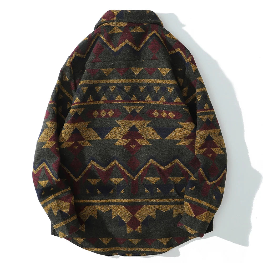 Color Retro Geometric Pattern Men Shirt Thick Casual Baggy Big Pockets High Street Autumn Streetwear