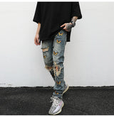high street butterfly embroidery knee ripped hole jeans mens casual hip hop distressed jeans slim fit skinny denim pants joggers unique joggers style 1885