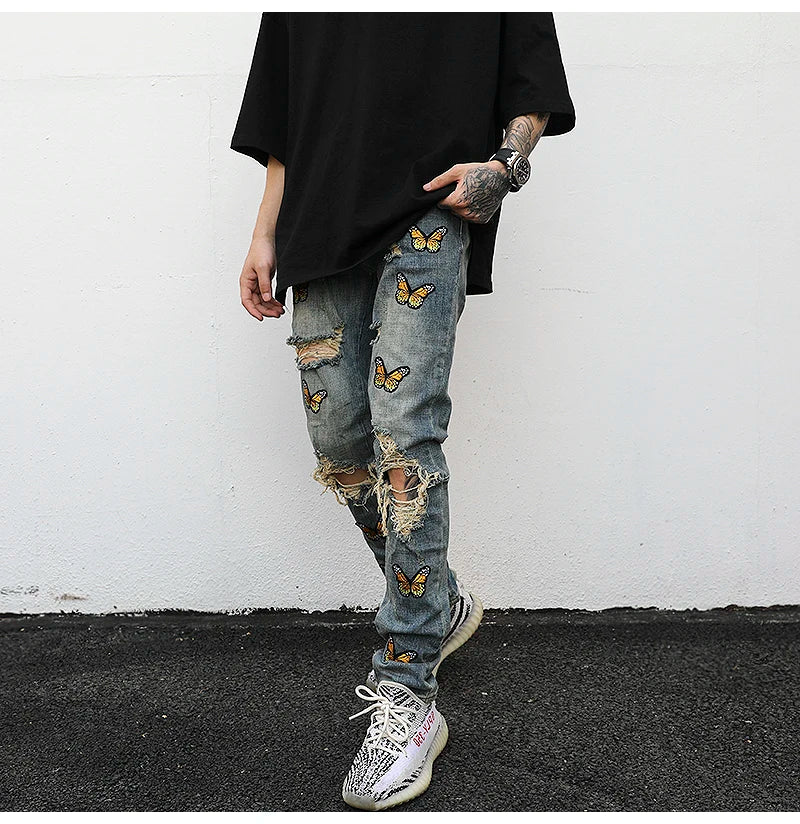 high street butterfly embroidery knee ripped hole jeans mens casual hip hop distressed jeans slim fit skinny denim pants joggers unique joggers style 1885