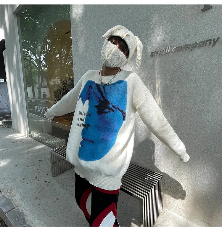 men knitted sweater harajuku printed oversized sweater new casual o neck long sleeve pullover streetwear loose sweaters clothing oversized graphic print design, urban wear with bold artwork, aesthetic street look hoodie