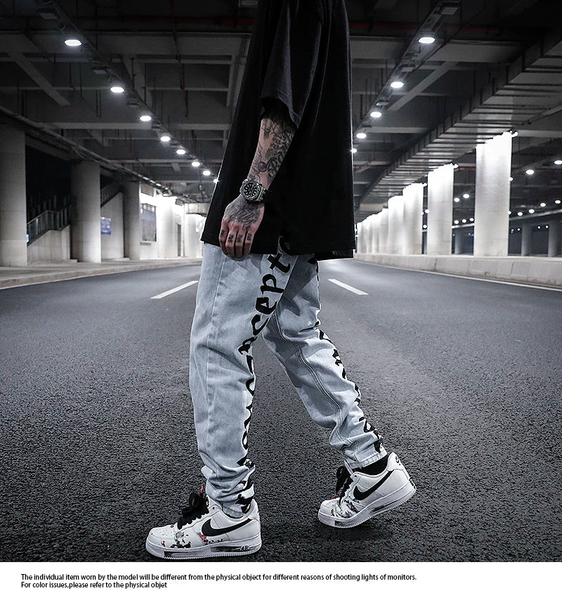 men back letter embroidery denim jean pants fashion slim zipper biker jeans trouser new casual hip hop streetwear pants joggers unique joggers style 1297