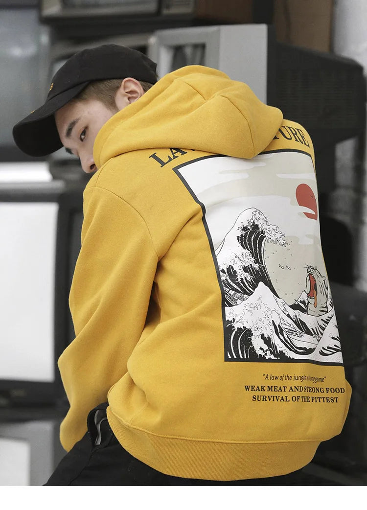 Embroidery Funny Cat Hoodies Sweatshirt Men Hip Hop Winter Fleece Pull
