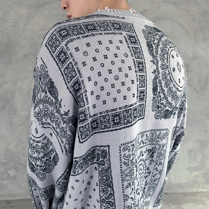 hip hop paisley printed ripped knitted holes sweater mens autumn winter long sleeve pullover streetwear loose sweaters clothing urban wear with bold artwork, trendy hip hop style outerwear, high quality cotton pullover