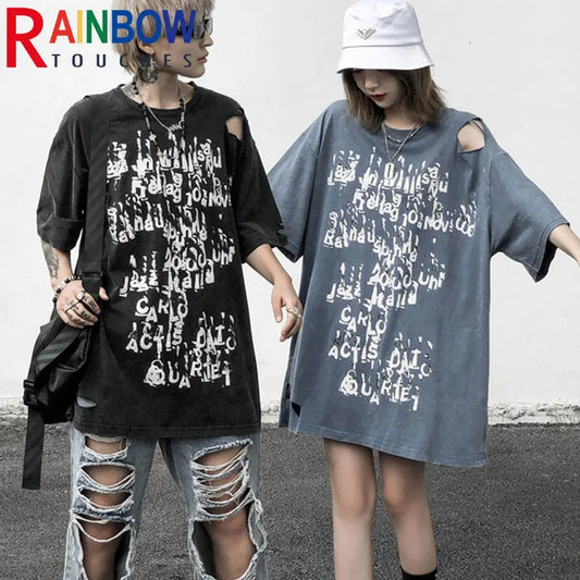 Trapwear Shirt – Rainbowtouches Summer New Unisex High Street Loose Washed To – Urban Streetwear for Men & Women