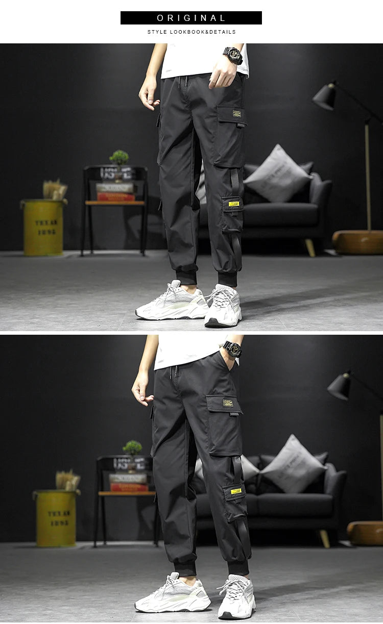 streetwear hip hop black harem pants men elastic waist punk pants with ribbons casual slim jogger pants men hip hop trousers unique joggers style 2527