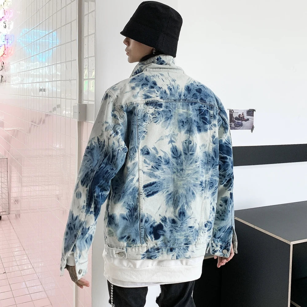 streetwear jacket featuring fashion tie dyed jeans jackets coat men casual single breasted turn down collar denim streetwear new hip hop outerwear jacket design – premium quality jacket for men