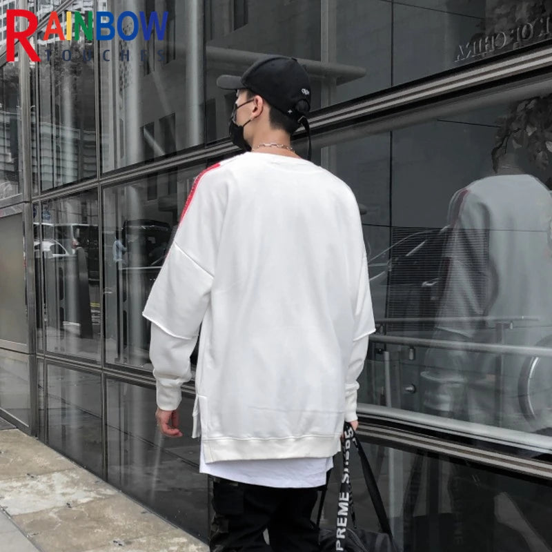 rainbowtouches long sleeve t shirt mens sweater high street fashion hip hop figure print stitching cuff design pattern coats aesthetic street look hoodie, streetwear fashion hoodie, high quality cotton pullover