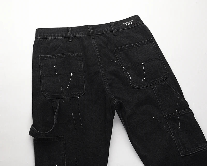 high street retro spotted ink contrast color flared jeans pants male wide leg plus size patchwork ripped denim trousers unique jeans style 120