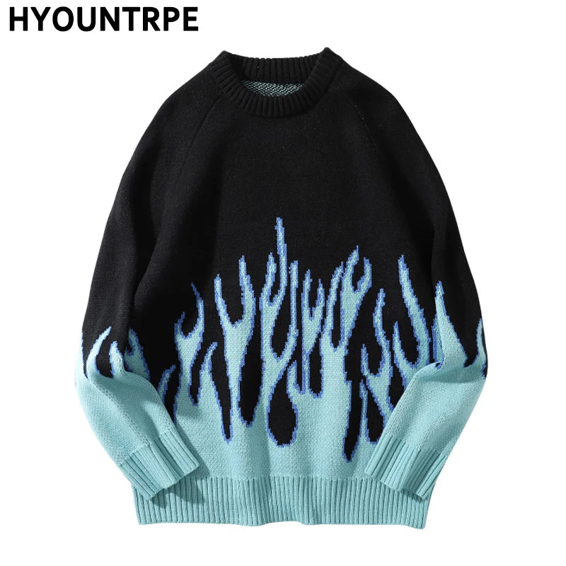 hip hop mens streetwear harajuku knitted sweater fire flame autumn winter new o neck sweater pullover loose retro vintage cotton aesthetic street look hoodie, streetwear fashion hoodie, high quality cotton pullover
