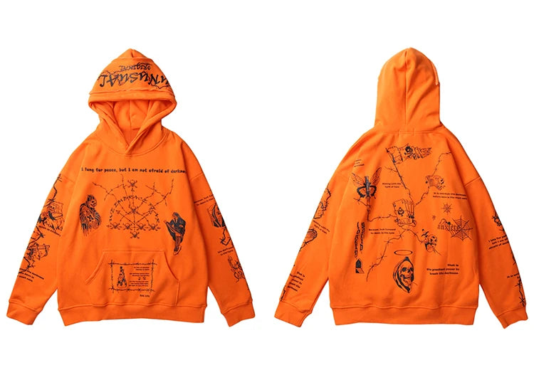 2023 Hip Hop Hoodie Sweatshirt Men Streetwear Skull Graffiti Print Hoodie Pullover Cotton Autumn Grey Harajuku Punk Clothes New