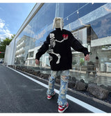 hip hop skull knitted oversized sweater men autumn winter o neck long sleeve pullover streetwear loose sweaters mens clothing unique limited edition hoodie, urban wear with bold artwork, trendy hip hop style outerwear