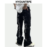 fashion back letters printed denim flare jeans mens zipper straight trouser hip hop destroy holes streetwear jean pants joggers streetwear sweatpants