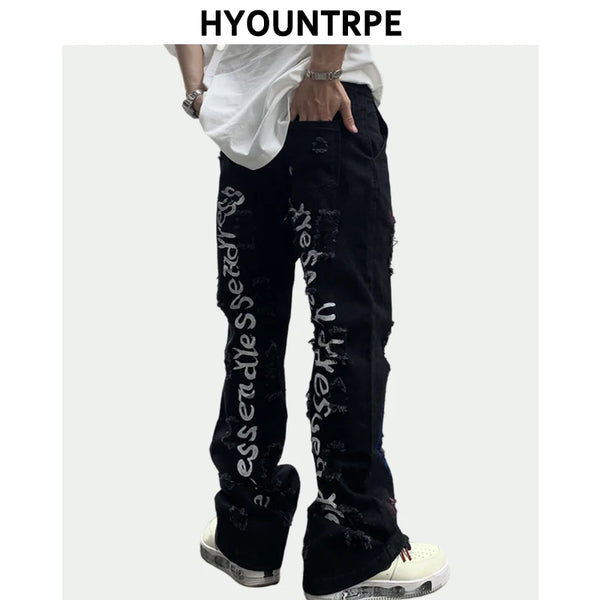 fashion back letters printed denim flare jeans mens zipper straight trouser hip hop destroy holes streetwear jean pants joggers streetwear sweatpants