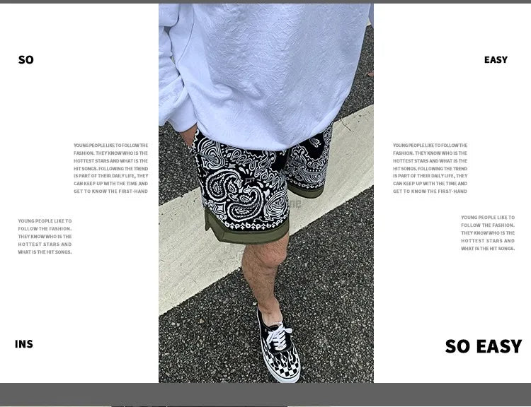 retro cashew flowers casual shorts summer streetwear fashion patchwork knee length men women paisley printing sweat shorts unique shorts style 3371
