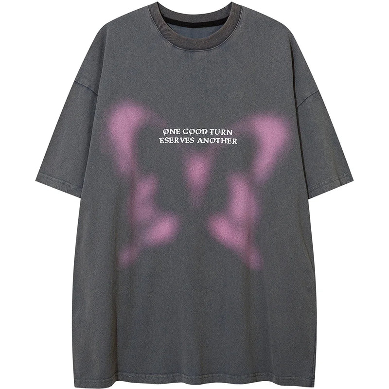 Sadcore Oversized shirt – Aolamegs Butterfly Inkjet Letter Print Washed T Shirt Men Sh