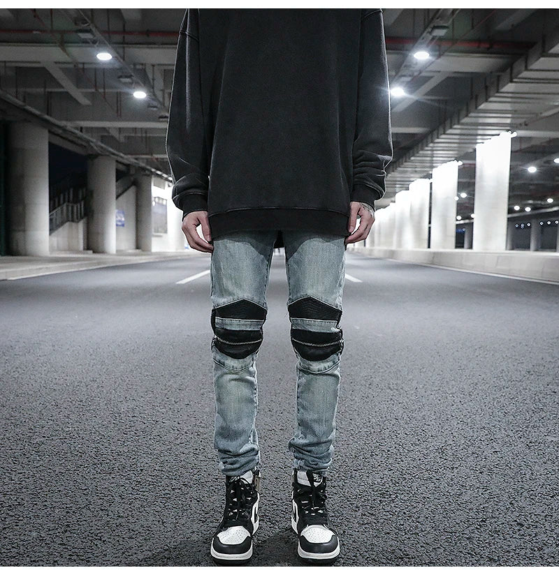 knee zipper hole patckwork skinny denim jeans men casual slim biker trousers jeans fashion streetwear hip hop jean pants joggers unique joggers style 1023