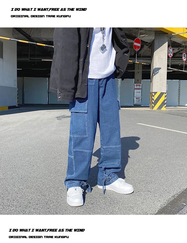 men jeans wide leg denim pants loose straight baggy mens jeans hip hop streetwear skateboard neutral denim trousers cargo jeans unique cargo style 2660