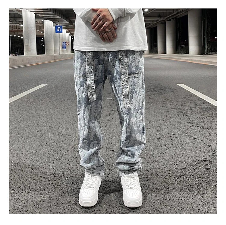 high street feathers embroidery denim pants mens zipper straight jeans trouser with belt hip hop streetwear loose joggers pants unique joggers style 3594
