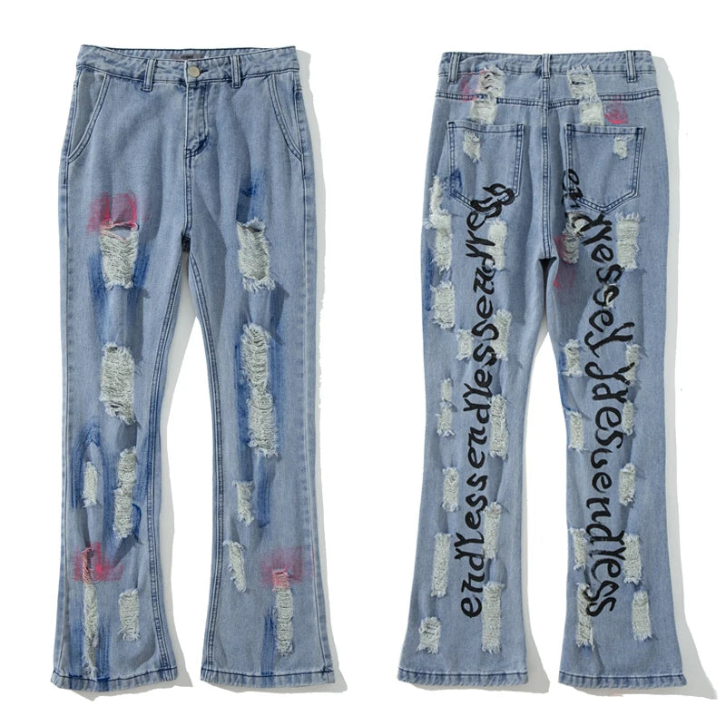 fashion back letters printed denim flare jeans mens zipper straight trouser hip hop destroy holes streetwear jean pants joggers unique joggers style 170