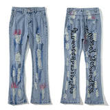 fashion back letters printed denim flare jeans mens zipper straight trouser hip hop destroy holes streetwear jean pants joggers unique joggers style 170