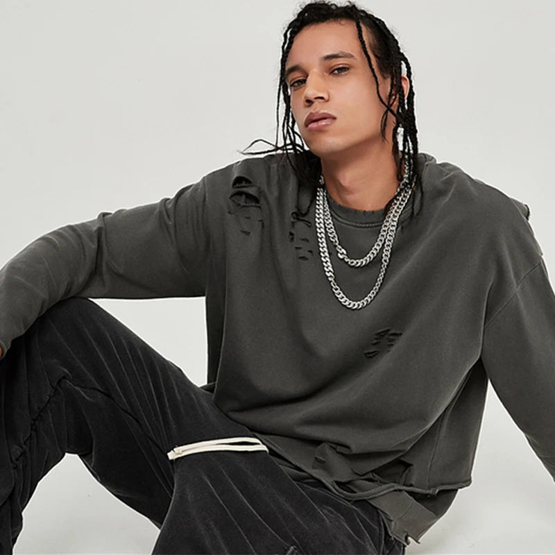 Hip Hop Streetwear Vintage Sweatshirt 2021 Autumn Creative Distressed Destroyed Ripped Holes Pullover Cotton Tops Loose WE301