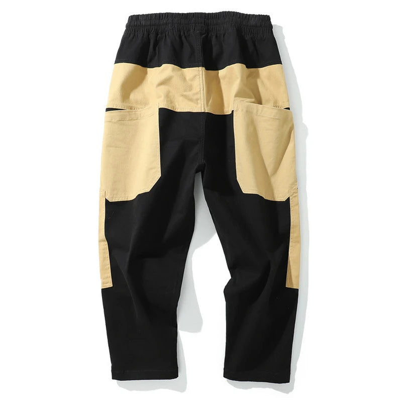 rainbowtouches men fashion retro casual splicing solid color straight cargo zipper pocket pants hip hop high street long trouser multi-pocket cargos