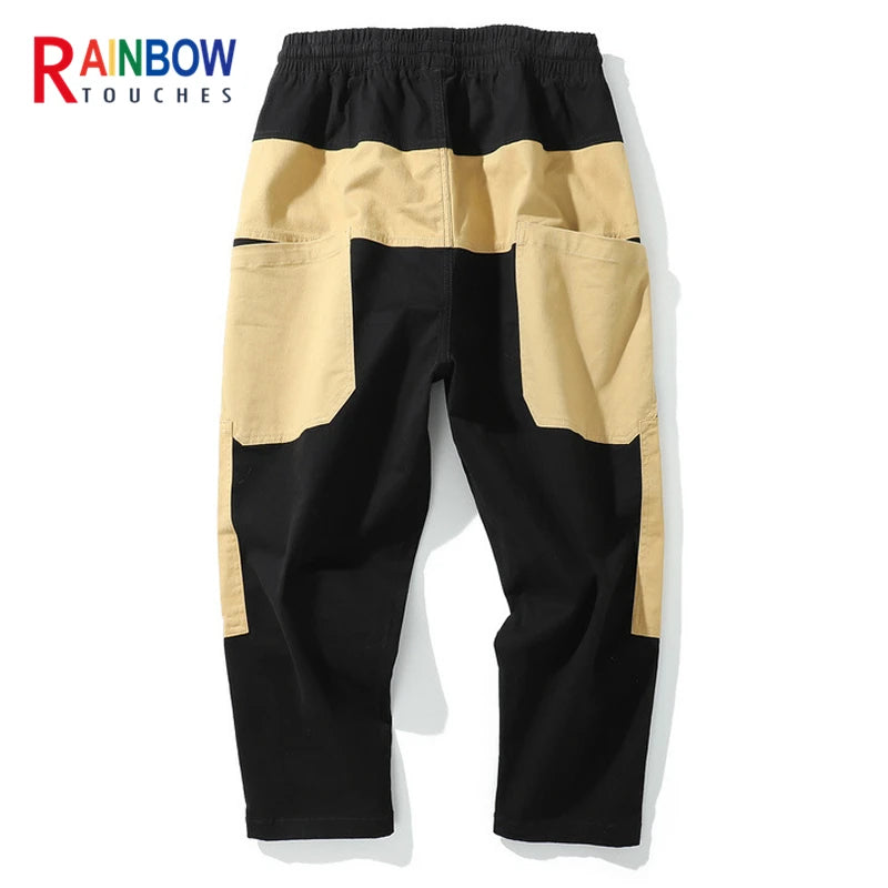 rainbowtouches men fashion retro casual splicing solid color straight cargo zipper pocket pants hip hop high street long trouser multi-pocket cargos
