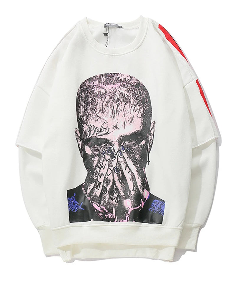rainbowtouches long sleeve t shirt mens sweater high street fashion hip hop figure print stitching cuff design pattern coats high quality cotton pullover, aesthetic street look hoodie, trendy hip hop style outerwear