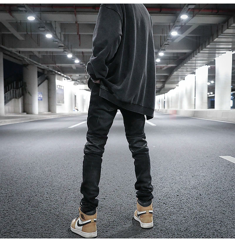 knee zipper hole patckwork skinny denim jeans men casual slim biker trousers jeans fashion streetwear hip hop jean pants joggers unique joggers style 1037