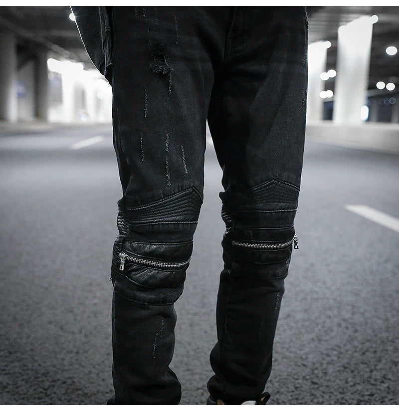 knee zipper hole patckwork skinny denim jeans men casual slim biker trousers jeans fashion streetwear hip hop jean pants joggers unique joggers style 1038
