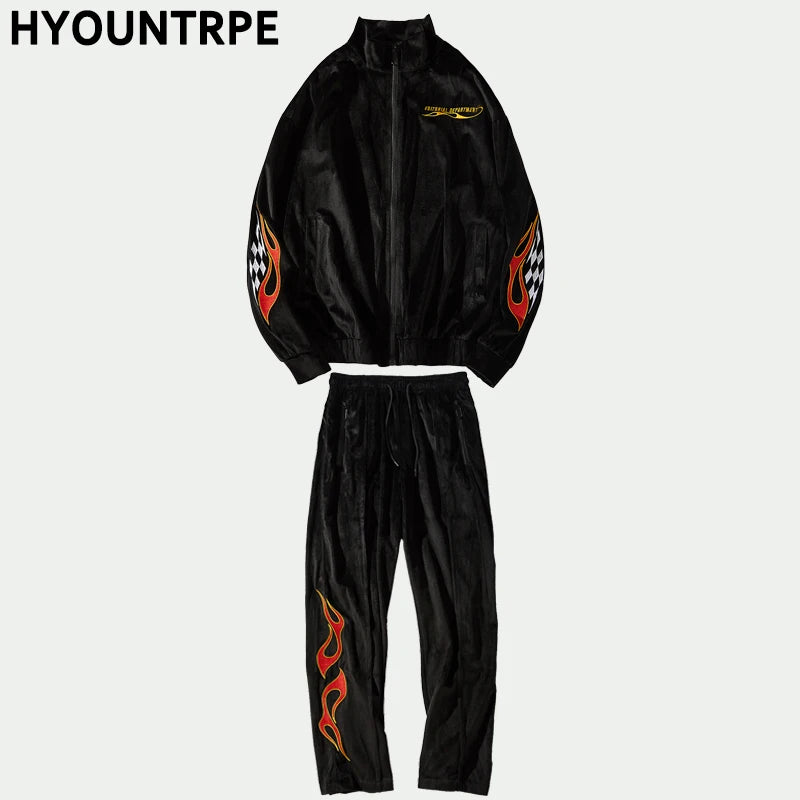 2 pieces set men embroidery velvet zipper jacket and elastic waist loose straight pants sweatsuit hip hop tracksuits sweatsuit unique default style 4303